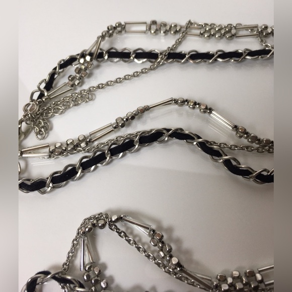 Multi-strand Silver Tone & Black Suede Ribbon Chain Necklace 37” - Picture 3 of 8